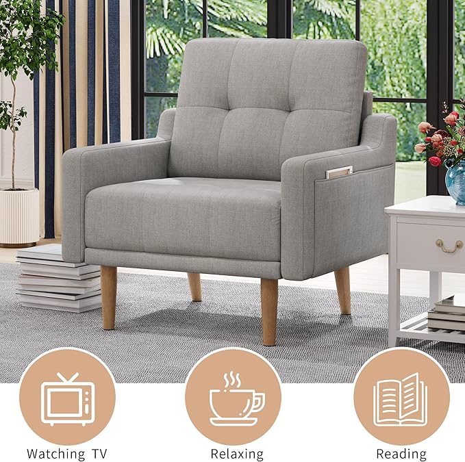 EJUNQ Mid Century Accent Chair Upholstered ArmchairComfy Reading Chair with Wood LegsModern Single Sofa Chair for Living Room Bedroom Small Spaces (1 Grey)
