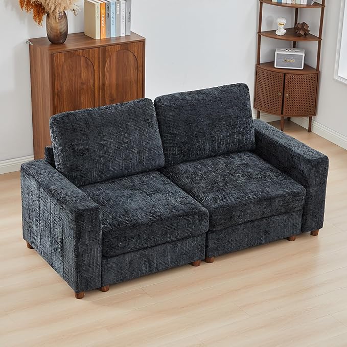 ORRD Comfy Loveset Couch Chenille 2 Seat Sofa with Pillows Modern Loveseat Sofa with Storage for Apartment Living Room Black Blue