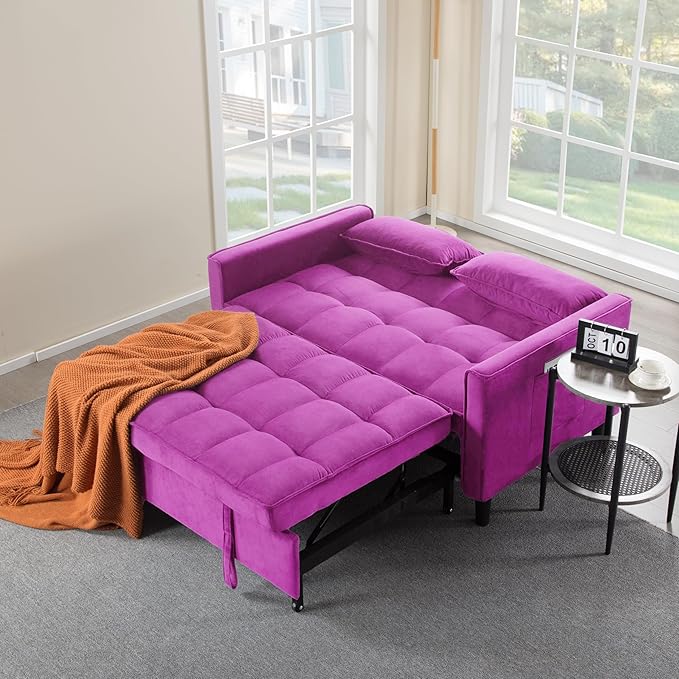 3 in 1 Convertible Sofa Bed Love Seat Sleeper Bed with Side Pockets Velvet Fabric Pull Out Couch with Adjustable Backrest for Living Room Bedroom Apartment Deep Pink