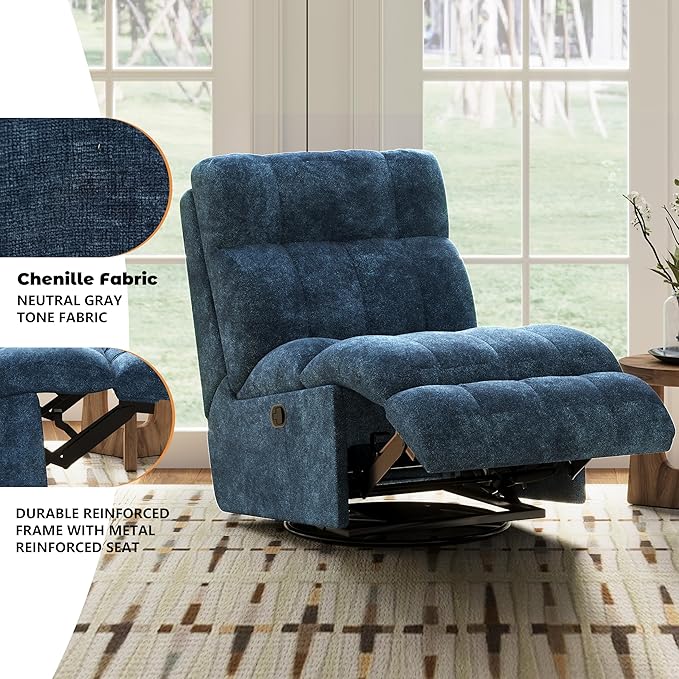 Modern 360° Swivel Rocker Recliner Chair for Adults Chenille Upholstered Manual Recliner Chair with Adjustable Backrest Soft Nursery Rocking Chair for Living Room Small Spaces (Blue/60)