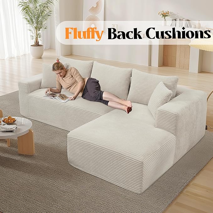 108.7'' Sectional CouchL Shaped CouchPlush Corduroy FabricUpholstered Couches for Living Room BedroomNo Assembly Required (Beige Right Facing Chaise)