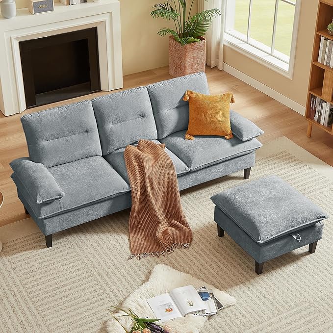 86'' Chenille Sofa with Storage Ottoman Modern Living Room Sofa with Removable Washable Cushion 3 Seater Comfy Couch for Apartment Bedroom Office (Light Grey)