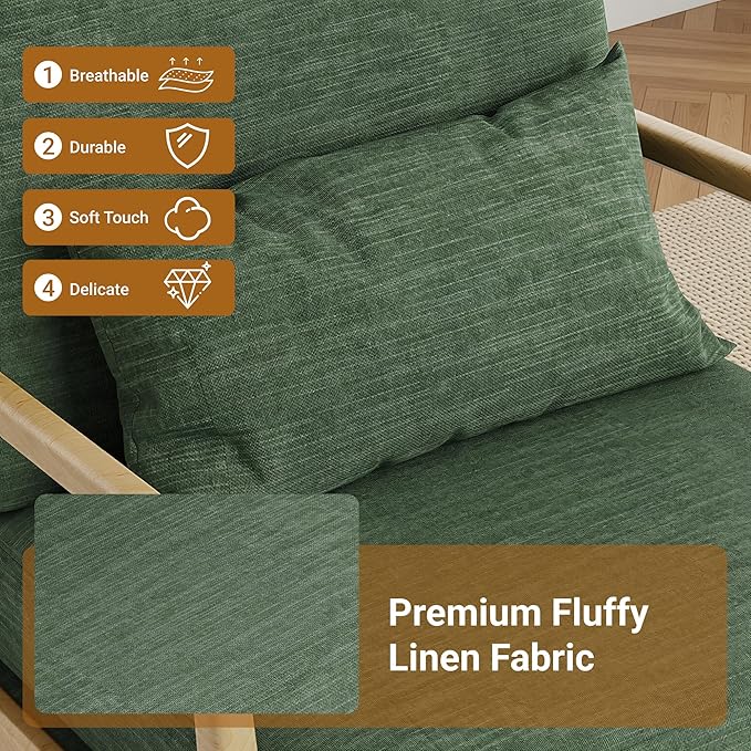 Claiks Mid-Century Modern Accent Chair Living Room Armchair with Solid Wood Frame &amp Lumbar Pillow Comfy Upholstered Lounge Chair for Bedroom Office Linen-Like Fabric Green