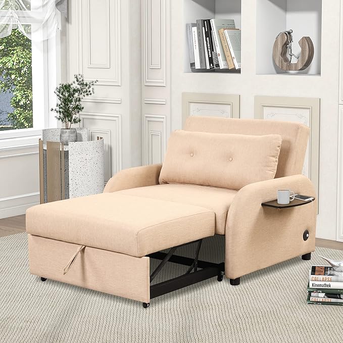 Pull Out Sofa Sleeper Bed 3-in-1 Sofa Bed with 2 Wing Table Side Pocket and Usb Charge Line Fabric Convertible Sleeper Chair Bed for Living Room Recreation Room (Beige-2 Wing Table Side Pocket)