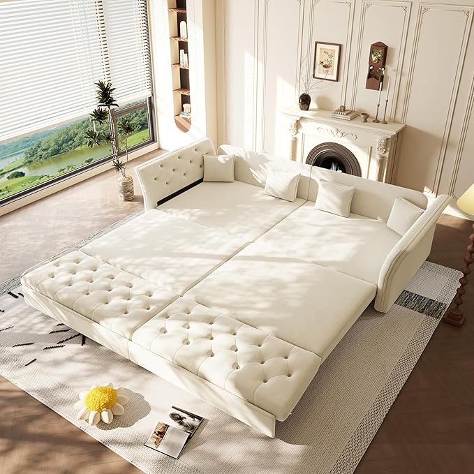 100 King Size Sleeper Sofa Bed 3-in-1 Convertible Pull Out Chesterfield Sleeper Couch Oversized Velvet Flower Button Tufted 4-Seat Sofa for Living Room Apartment (Beige White)