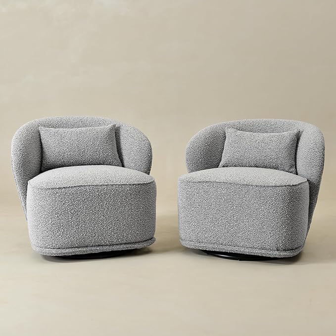 KINWELL 33 W Mid Century Modern Swivel Barrel Chair Set of 2 Upholstered Boucle Swivel Accent Chairs No Assembly Sofa Chair with Toss Pillow for Living Room Bedroom Reading Nursery (Black White)