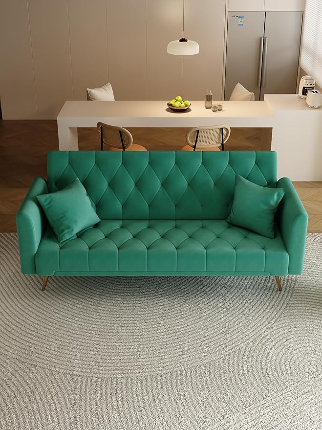71 Convertible Velvet Futon Sofa Bed Loveseat with Multiple Adjustable BackrestsModern Sleeper Couch with Golden Metal Legs for Living RoomApartmentOfficeGreen