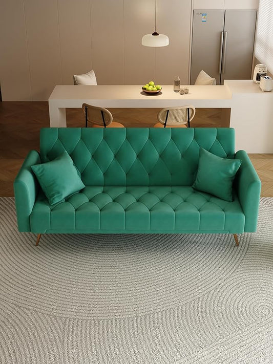 71 Convertible Velvet Futon Sofa Bed Loveseat with Multiple Adjustable BackrestsModern Sleeper Couch with Golden Metal Legs for Living RoomApartmentOfficeGreen