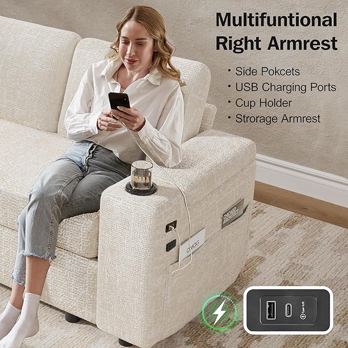 Vipbear 86 Modular Sectional Sleeper Sofa with Pull Out Bed 5 Seat Chenille L Shaped Couch with Reclining Backrest|USB Ports|Cup Holders|Side Table|Storage Seat Armrests Tool Free Assembly Beige