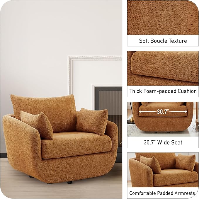 360° Swivel Accent Armchair Set of 2 39.3 Oversized Sherpa Boucle Fabric Sofa Chair with Removable Back &amp Arm Pillows Swivel Chairs with Cozy Soft Padded Curry