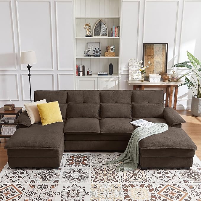 Comfy Cloud Couch Sectional Sofa with Lumbar Pillows Modern U-Shaped Cloud Sofa with Double Chaise &amp Deep Seat 4 Seat Sectional Couch for Living Room or Office Easy Assembly Dark Coffee