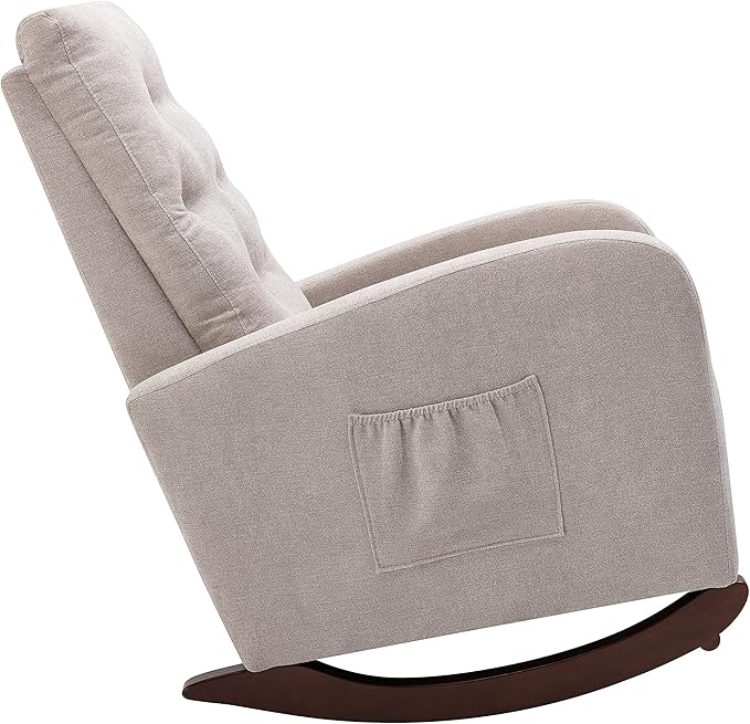 Cozy Linen Reclining Rocking Chair with Side Storage Pocket Comfortable Button Tufted Rocker Elegant and Functional Rocking Recliner Chair Ideal for Living Room &amp Nursery Grey