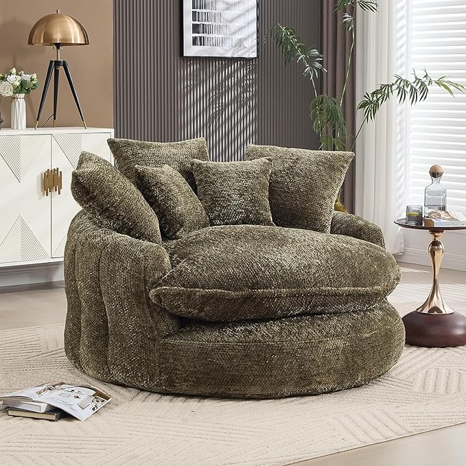 54 Oversized Round Chair Couch Lounge Chaise Indoor Comfy Boneless Sofa for Living Room Cloud Large Circle Couch Chair with 5 Pillows Fluffy Modern Sleeper Sofa Bed for Reading (Olive Green)