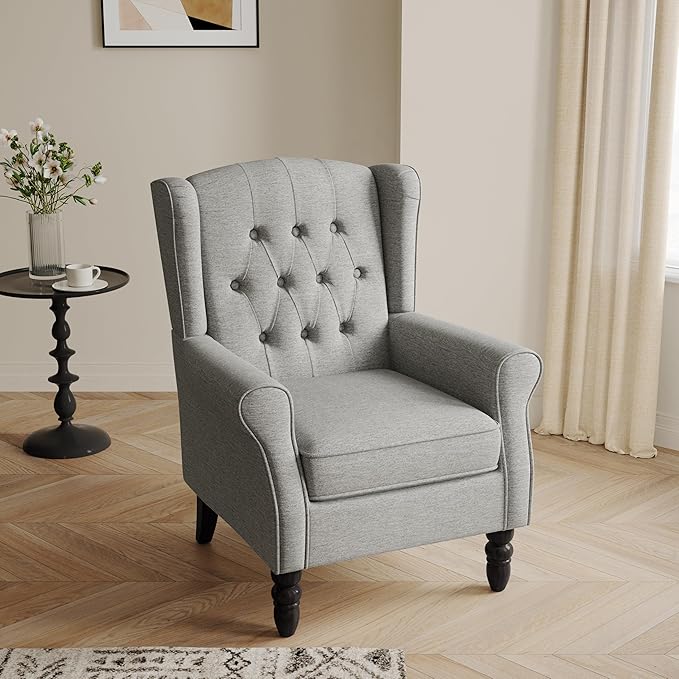 Accent Chair High Back Upholstered Chair with Button Tufted Mid-Century Modern Comfy Wingback Chair Reading Armchair in Fabric for Living Room for Bedroom Office-Light Gray