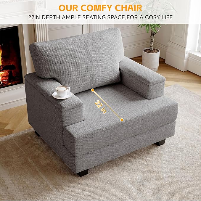 Oversized Accent Chair with Storage ArmrestComfy Living Room Chairs with 7.8'' CushionUpholstered Linen ArmchairReading Accent Chairs For Bedroom Living RoomSingle Sofa ChairDark Gray