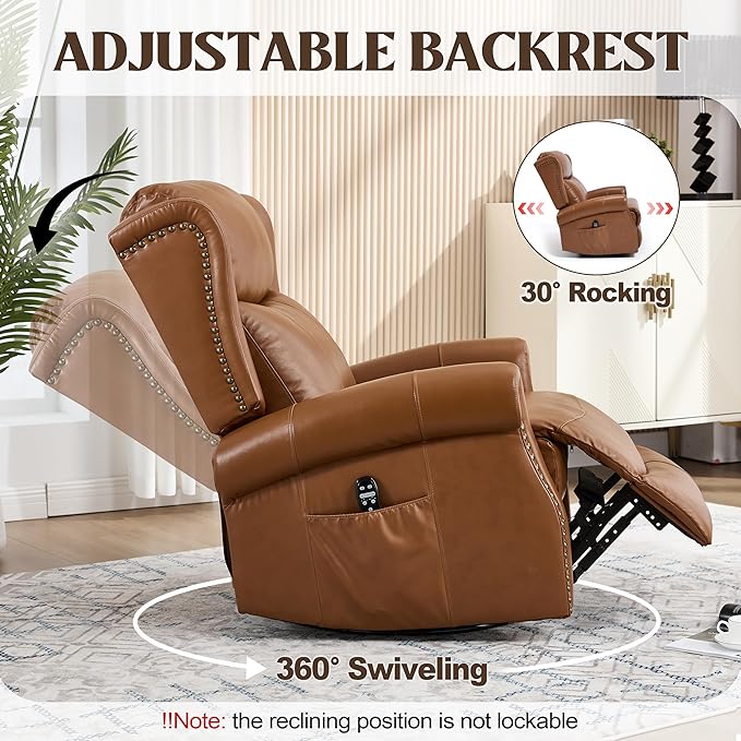Manual Rocker Swivel Recliner Chair for Adults Vibration Massage Reclining Glider Chair with Lumbar Heat Rivet Design Single Sofa for Living Room Genuine Leather Brown