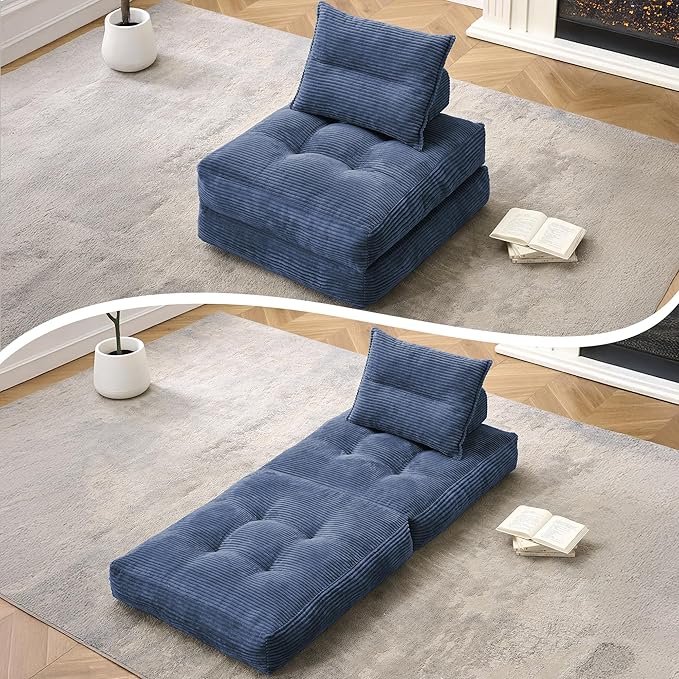 Folding Sofa Bed Fold Out Chair Bed with Pillow Convertible Sleeper Chair for Living Room/Small Spaces Foldable Lazy Sofa Bed Floor Chair Comfy Corduroy Couch Bed Navy Blue