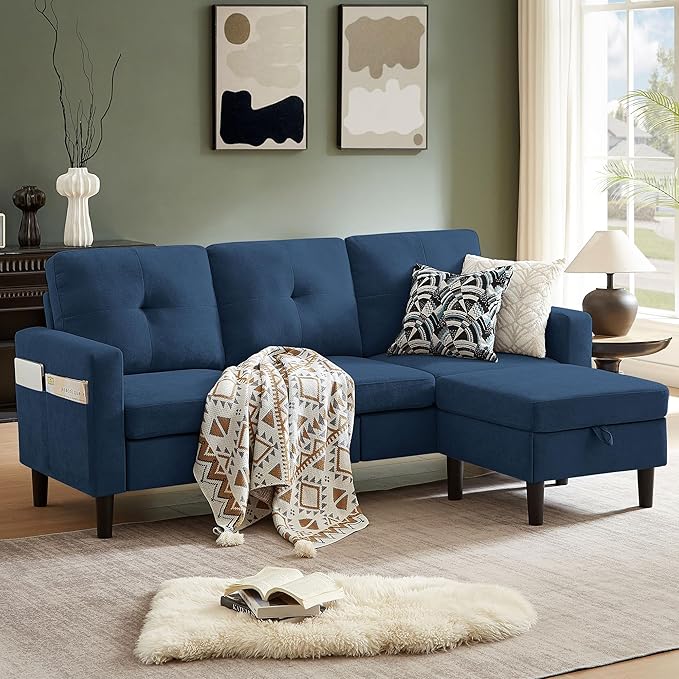 79 Convertible Sectional Sofa Small L Shaped 3 Seat Couch with Storage Chaise and Side Pocket Modern Linen Fabric Reversible Sofa Couches for Living Room Apartment and Small Space