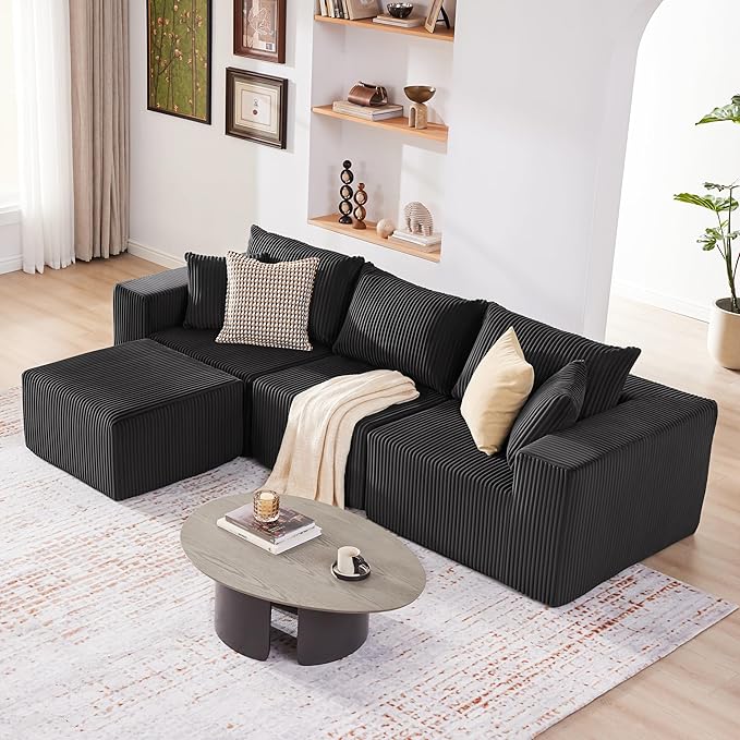 Cloud Couch Sectional Modular Sofa with Deep Seat Plush Corduroy U Shaped Boneless Couch Convertible Sectional Couches for Living Room (Black 3 Seater &amp 1 Ottoman)