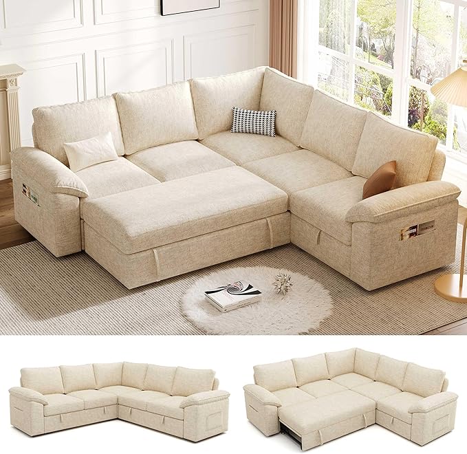 85 Inch Modular Sectional Sofa with Pull Out Bed L Shaped 5 Seat Sectional Sleeper Sofa with Storage Sectional Couches for Living Room Cloud Modular Couch Removable Sofa Cover Beige