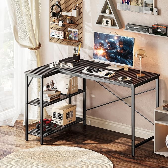 Huuger L Shaped Desk 47 Inch Gaming &amp Home Office Desk with Reversible Storage Shelves Metal Frame Carbon Fiber Black