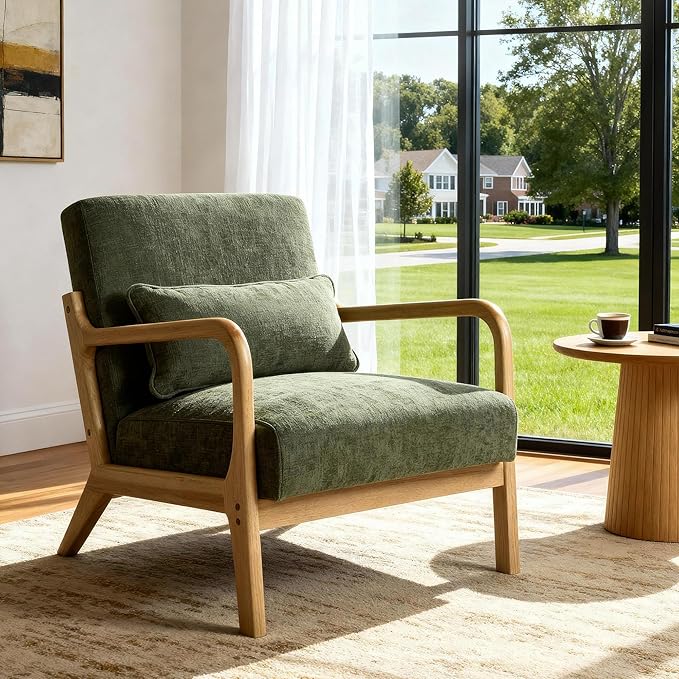 Mid Century Modern Accent Chair with Solid Wood Frame Comfy Reading Lounge Chair with Detachable Lumbar Pillow for Living Room Bedroom Office Vintage Small Wooden Armchair for Waiting Room (Green)