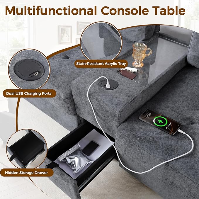 103'' Modular Sectional Sofa couch with 2 Acrylic Consoles Oversized U Shaped Couch Set with USB Charger Storage DrawersPockets and Movable Ottoman Chenille Sectional Couches for Living Room Gray