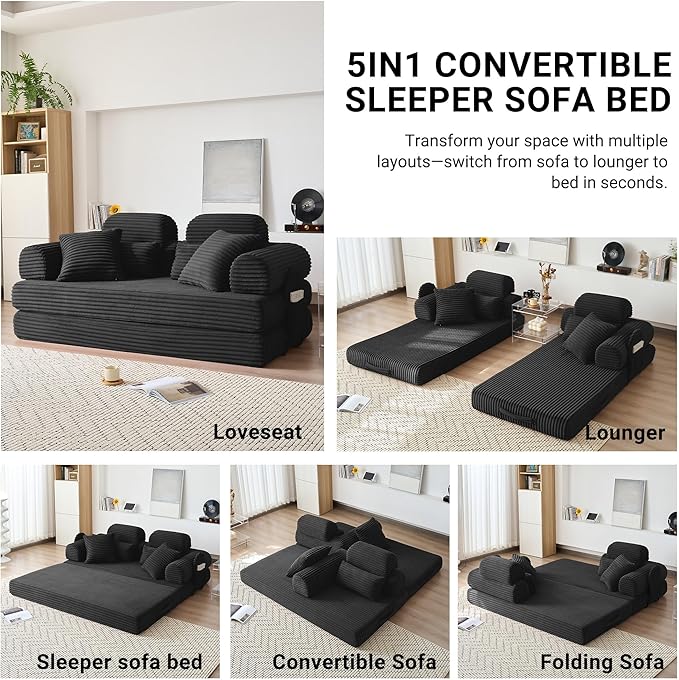 79 Boneless Couch with High Backrest Headrest Comfy Modular Foldable Floor Sleeper Sofa 5-in-1 Convertible Sofa Bed for Living Room Bedroom Lounge Studio Black