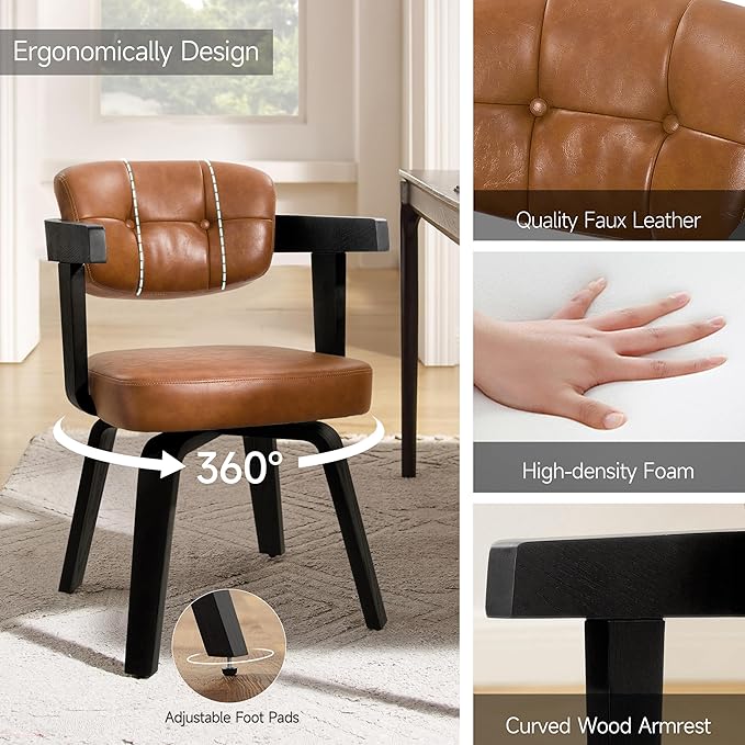 Art Leon Modern Dining Chairs - Set of 2 Mid Century Dining Chairs Faux Leather Upholstered Swivel Dining Chair Comfy Desk Chair No Wheels Accent Arm Chairs for Kitchen Living Room Study Brown