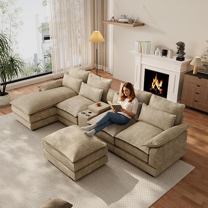 OUYESSIR 135 U Shaped Sectional Cloud CouchBrown Sectional Couches for Living RoomComfy Fluffy Chenille Oversized Cloud CouchModular Sectional Sofa with Central Console &amp Double Chaise Lounge