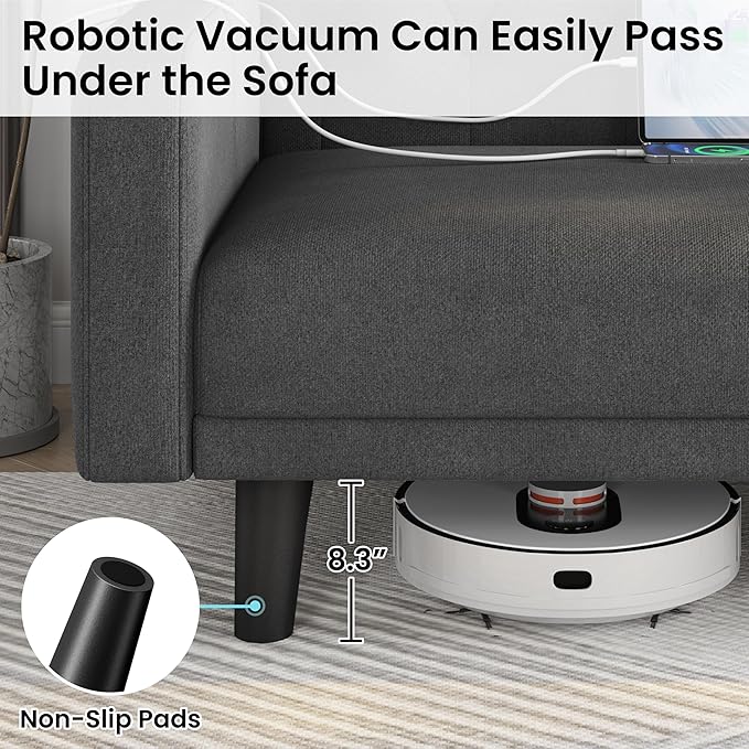 Yaheetech 63 Convertible Couch Small Futon Sofa Bed with 2 USB Ports Reclining Backrest &amp Removable Armrests Mid Century Modern Loveseat for Living Room Apartment Office Dark Gray
