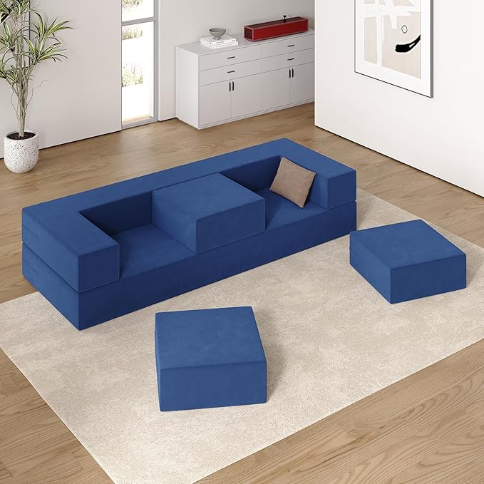 Folding Sofa Couch Queen 3-in-1 Floor Couch Bed Velvet Foam Sleeper with 3 Ottomans Removable Cover Futon Convertible Sofa Bed for Living Room/Guest/Play Room/Office/Dorm(Dark Blue)