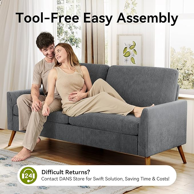 68 Loveseat Sofa Comfy Grey Corduroy Couches for Living Room Mid Century Modern Love Seat Sofa Tool-Free Setup Small Couches for Bedroom Office