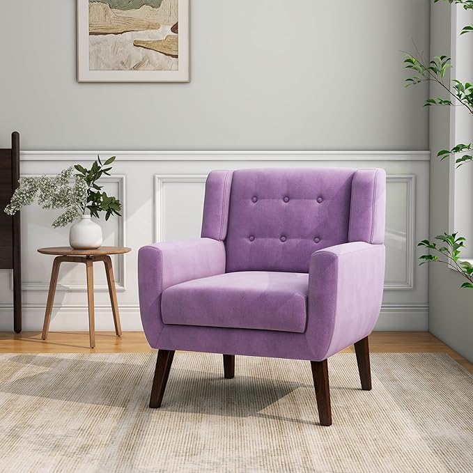 Accent Chair Mid-Century Modern Velvet Fabric Chairs with Arms for Living Room Comfy Upholstered Club Single Sofa Armchair for Bedroom Waiting Room with Solid Wood Frame (Velvet Purple Set of 1)