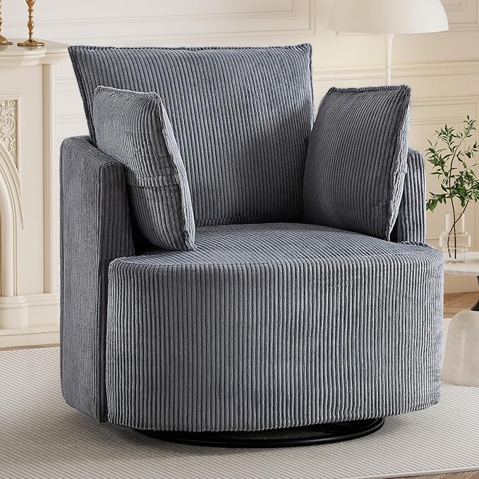 Bonzy Home 360° Swivel Accent Chair Comfy Corduroy Swivel Barrel Chair with 2 Soft Pillows Single Sofa for Living Room Bedroom Grey
