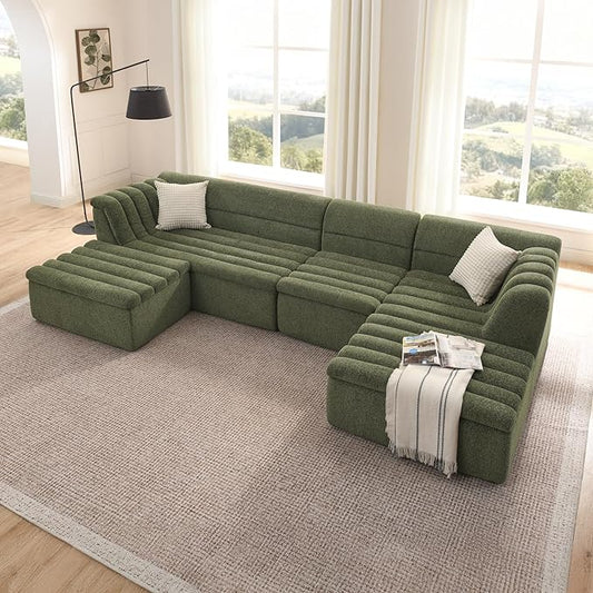 KEIKI 135 U-Shaped Chenille Modular Sectional Sofa with Chaise &amp 1 Ottoman &amp Wave-Shaped Armrest Modern Boneless 5-Seater Couch with Memory Foam Cushion No Assembly Required for Living Roo