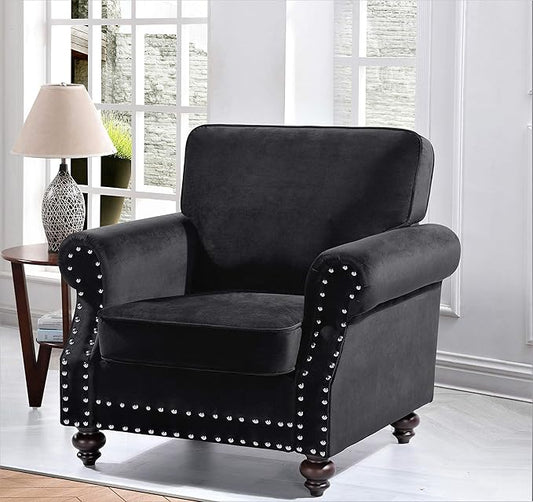 Lotus Mid Century Modern Velvet Upholstered Living Room Rolled Arms Chair 38 Black
