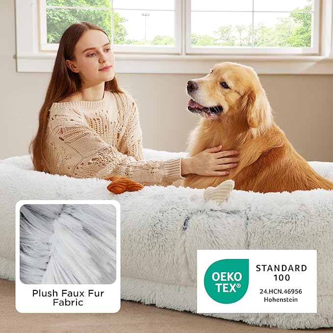 Bedsure Calming Human Dog Bed 71 x 44 x 12 Giant Human Dog Bed for Adults People Fits Pet Families with Storage Pocket Fluffy Faux Fur Orthopedic Pet Bean Bed Frost Grey