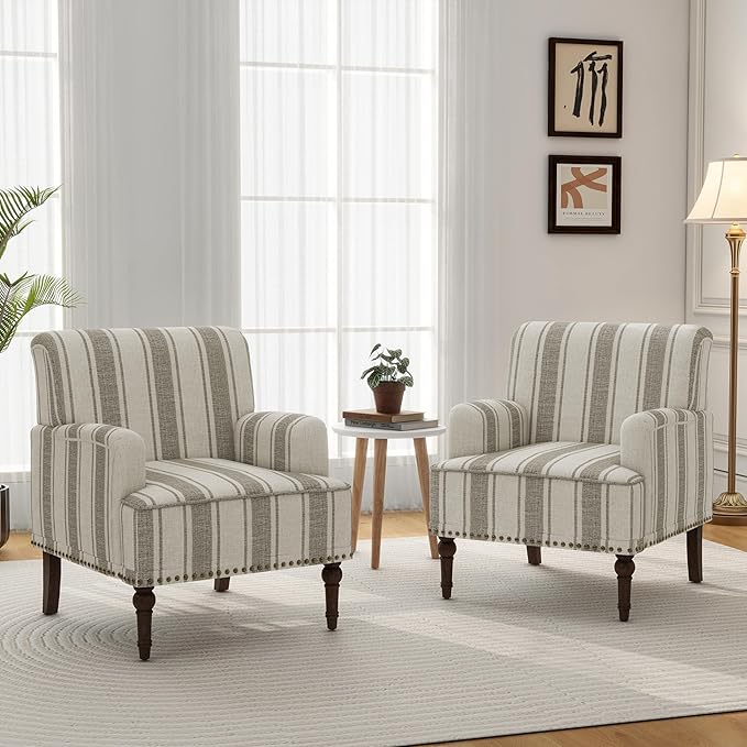Accent Chair Mid Century Modern Comfy Armchair for Living Room Linen Fabric Single Sofa Lounge for Reading Bedroom Apartment Waiting Room with Wood Legs (Brown Stripe Set of 1)