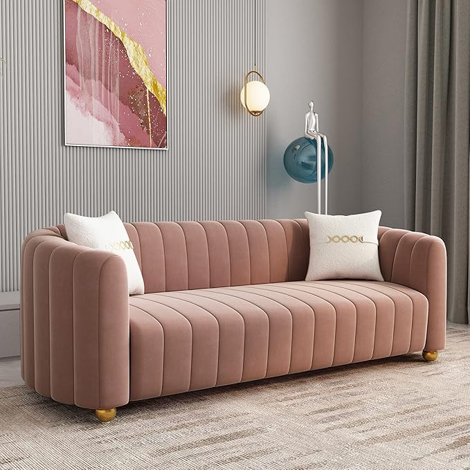 Modern Pink Velvet Couch for Living Room 83.46 Curved Sofa with Gold Metal Sphere Legs 3 Seater Upholstered Cute Couch (Pink)