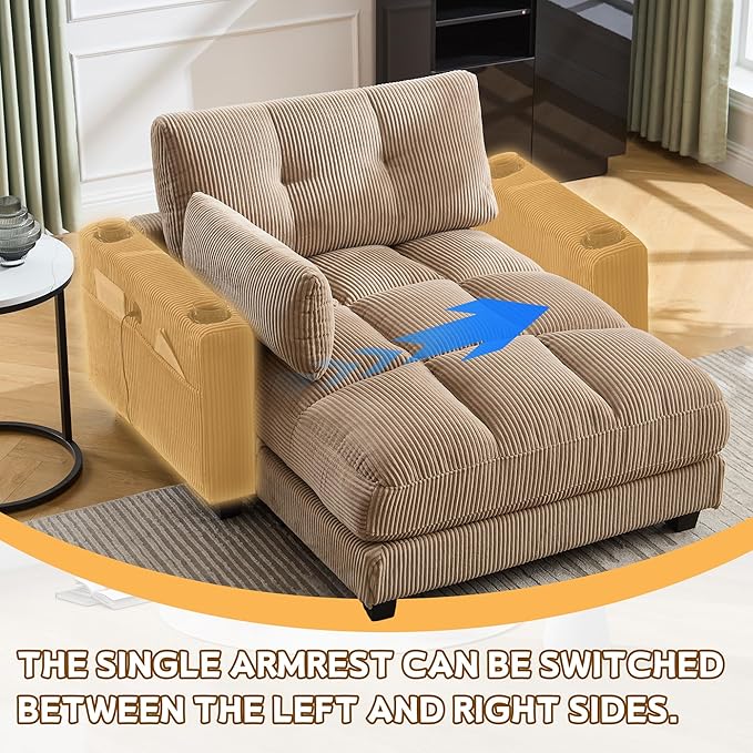 Oversized Lounge Chaise Convertible Sleeper Sofabed Corduroy Sleeper Daybed Indoor Recliner Chair Sofa Bed with Cupholders and Adjustable Headrests for Living Room Bedroom Reading Home Apartment