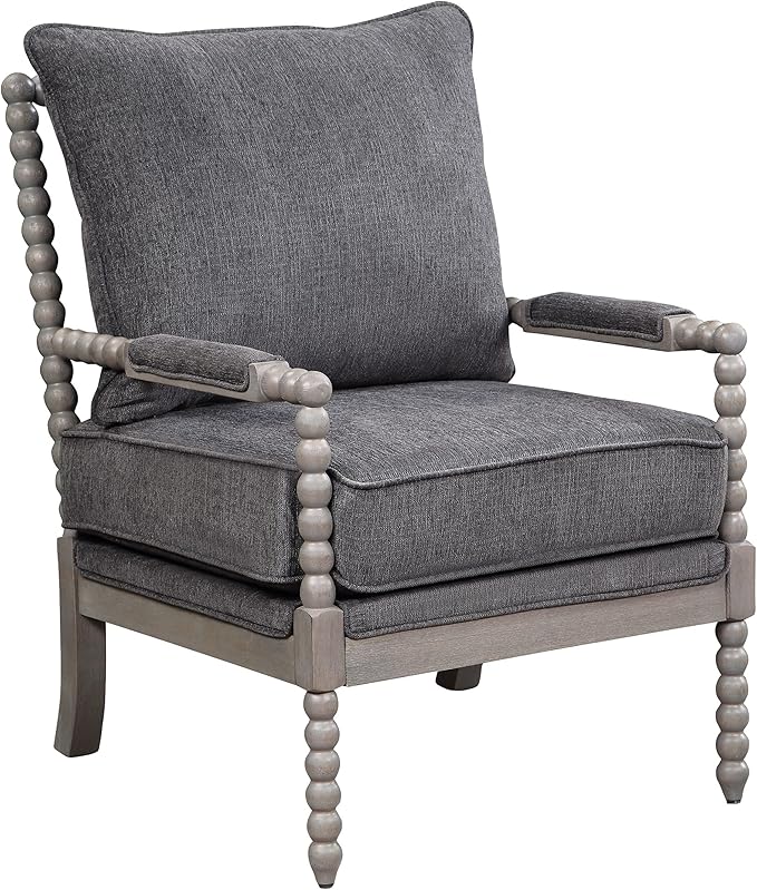OSP Home Furnishings Abbott Spindle Accent Chair with Padded Spring Seat and Brushed Grey Base Charcoal Fabric