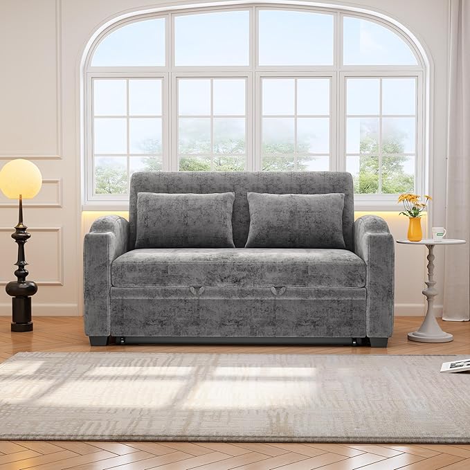Merax 61.6 Pull Out Sleeper Sofa Bed Modern Chenille Convertible Loveseat Sofa with Adjsutable Backrest 2 Pillows Cup Holders USB Ports for Living Room Apartment Gray