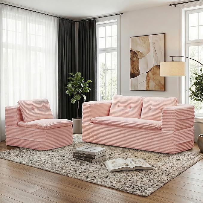 80-inch Folding futon Sofa Bed Full-Size Convertible Sleeper Couch Bed Memory Sponge Double Sofa with Comfortable Mattress Suitable for Living Room (Pink Sofa Set 80'' inches+blanket)