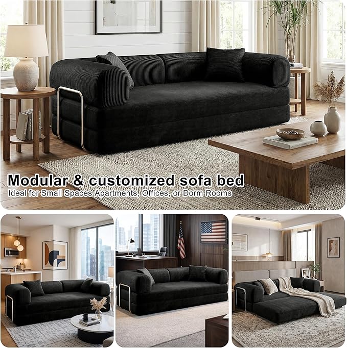 78 Inch Folding Convertible Sofa Bed 4-in-1 Oversized Cloud Corduroy Upholstered Boneless Couch Loveseat Sleeper with Pull Out Bed Modular Futon Floor Sofa Couch for Living Room Bedroom Lounge