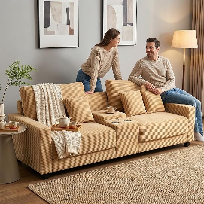 111.8 inch Modular Sectional Sofa with Charging Ports Cup Holders &amp Storage Modern Oversized Corduroy 4-Seater for Living Room Yellow