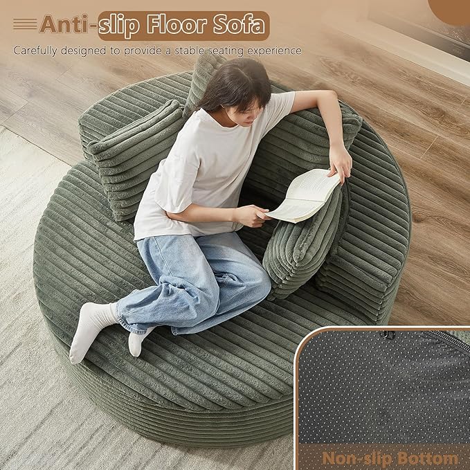 Oversized Round Chaise Lounge Chair Indoor 55'' Corduroy Deep Seat Circle Single Floor Sofa Chairs Modern Upholstered Sponge Armchair Cloud Sleeper Chair for Living Room Bedroom Apartment Green