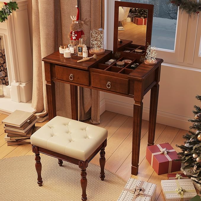 Makeup Vanity Desk Set with Flip Top Mirror 31.5 Wooden Vanity Table with Mirror Compact Dressing Table with 2 Drawers &amp 7 Compartments Writing Desk with Padded Stool for Bedroom Cherry+Beige