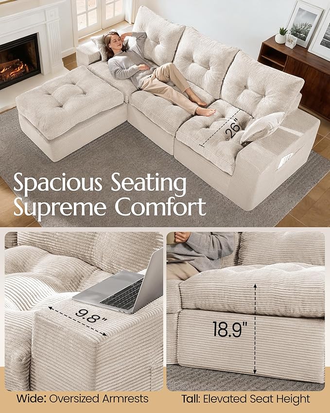 High Back Boneless Couch with 2-Pack Pillow Blankets U Shaped Modular Sectional Sofa with Ottoman Soft Corduroy Cloud Couch Tall Couches for Living Room No Assembly Warm White V2.0