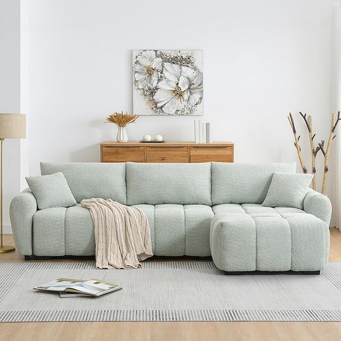 110 Modular Sectional Sofa L Shape with Extra-Large Seat Pull-line Design Movable Ottoman High Density Foam Free Combination Sturdy Metal&ampWood Frame Boucle Fabric (Light Green)